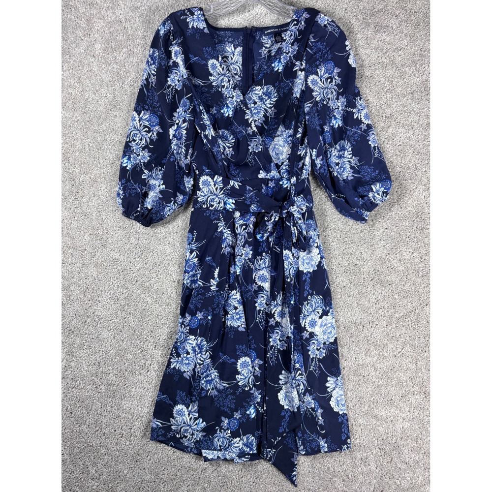 American Living Navy Blue Floral Print Wrap Midi Dress Size 6 3/4 Sleeve